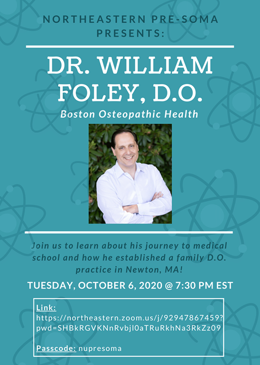 Dr. Bill Foley met with Northeastern University's Pre-SOMA Chapter